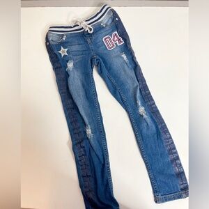 Justice Size 8 Girls Jeans Pull On Drawstring Simply Low Embellished Distressed
